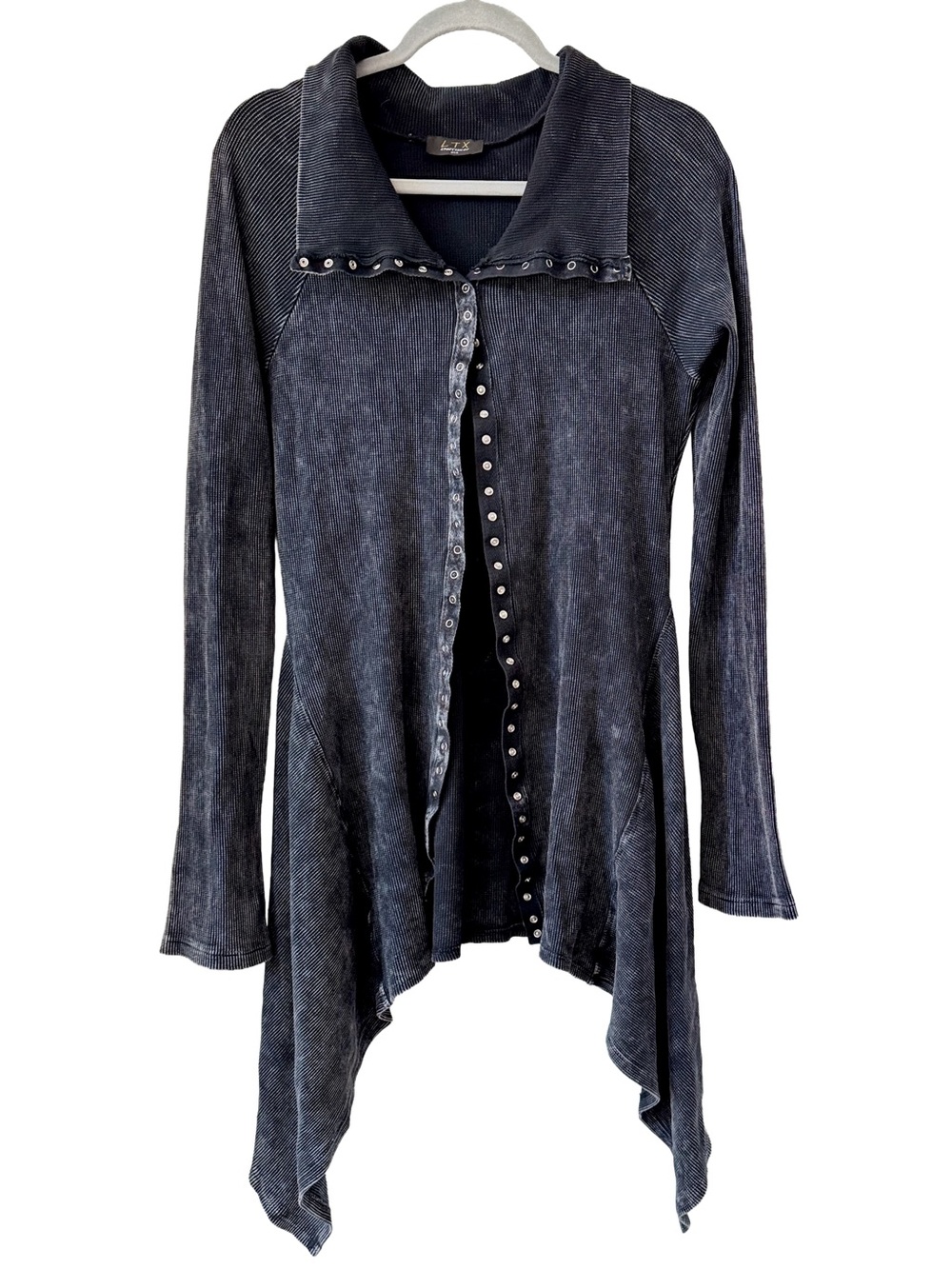 LTX Cotton Black Mineral Washed Long Sleeve Tunic Outerwear Snap Front Sz L Boho